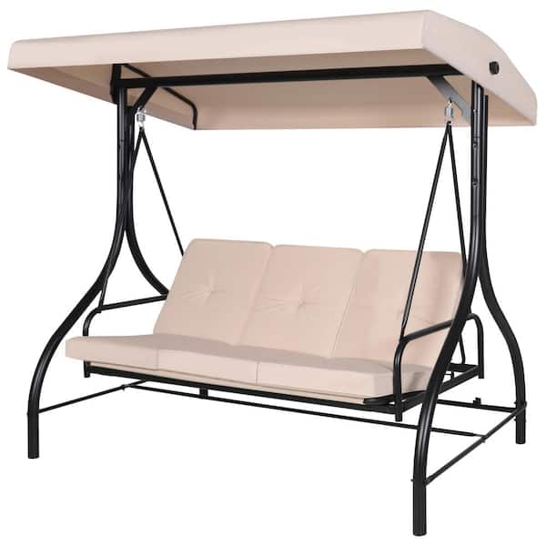 VEIKOUS 3-Seat Converting Canopy Patio Swing Steel Lounge Chair with Cushions in Beige