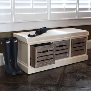 Melody White and Gray 3-Drawer Bench with Gray Cushion