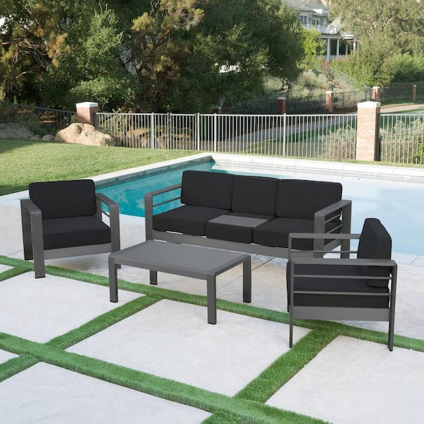 Noble House Cape Coral Grey 4-Piece Aluminum Patio Conversation Set with Dark Grey Cushions