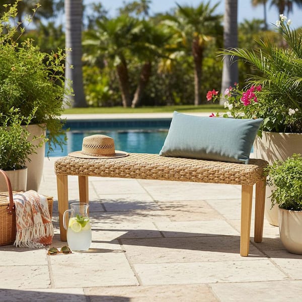 Naples Light Brown Acacia Wood Armless Water Resistant Wicker Patio Bench