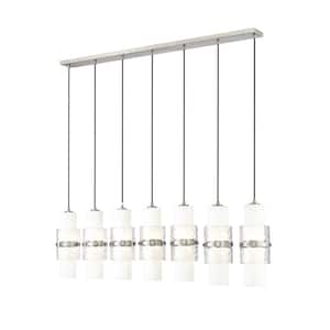 Cayden 54 in. 7-Light Brushed Nickel Linear Chandelier with Clear Plus Etched Opal Glass Shades