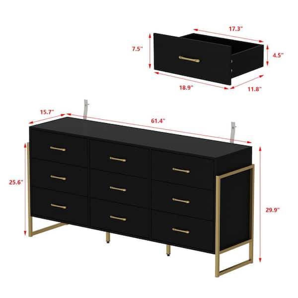 FUFU&GAGA Black Wood 9 Big Drawers 61.4 in. W Dresser With Metal Frame Legs  KF200241-01 - The Home Depot