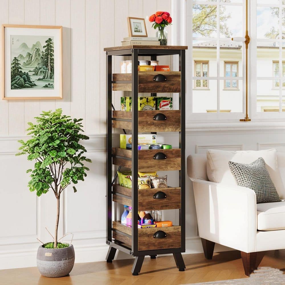 Keenyah Brown 5+-Shelf Wood 11.81 in. W Bakers Rack, 5-Tier Snack Stand Pu
