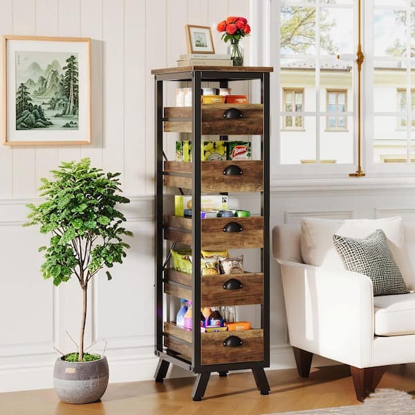 BYBLIGHT Keenyah Brown 5+-Shelf Wood 11.81 in. W Baker's Rack, 5-Tier Snack Stand Pull-Out Organizer for Kitchen Living Room