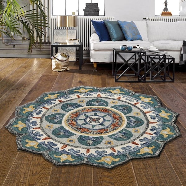 Seth Eclectic Green/Multi-color 6 ft. x 6 ft. Petal Shape Floral Mandala Indoor Area Rug