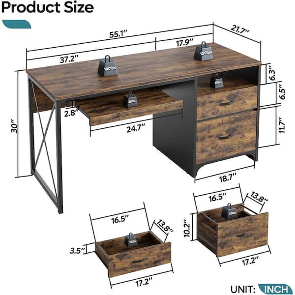 Bestier 55 in. Rectangular Rustic Brown Office Desk with Storage