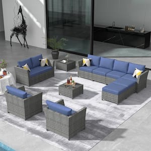 Bexley Gray 12-Piece Wicker Patio Conversation Seating Set with Denim Blue Cushions