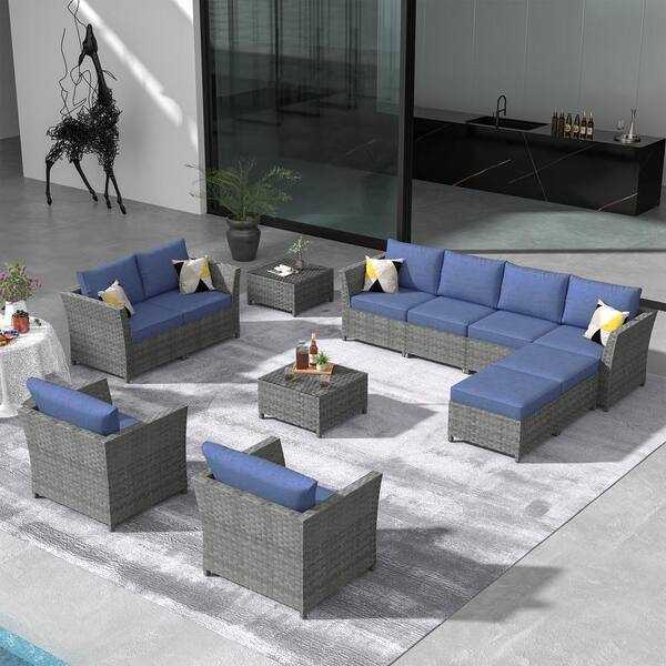 OVIOS Bexley Gray 12-Piece Wicker Patio Conversation Seating Set with ...