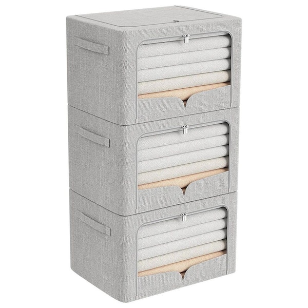 Unbranded 100 Qt. Linen Clothes Storage Bin with Lid in Light Gray (3-box)