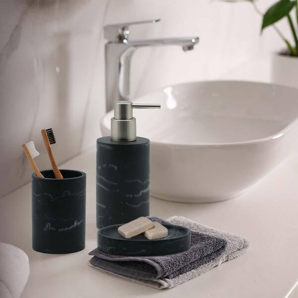 Premium 4 Pcs Matte Black Bathroom Accessories Set Complete with Black Marble Tray. Bathroom Soap Dispenser Set. Bathroom Decor Sets Accessories