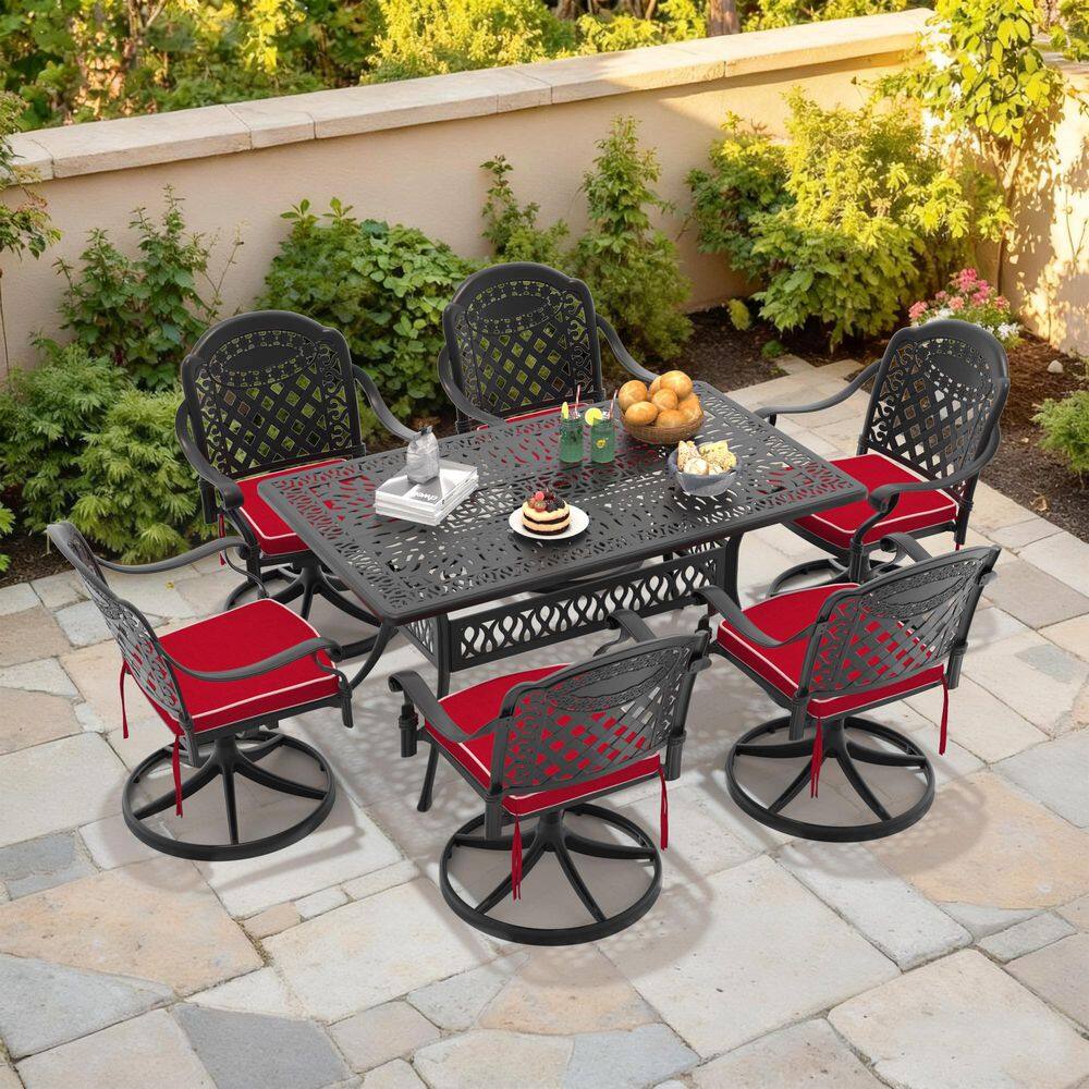 Black 7-Piece Cast Aluminum Outdoor Dining Set with 6 Swivel Rockers with Red Cushion and Rectangular Table price history on PriceWatchPro