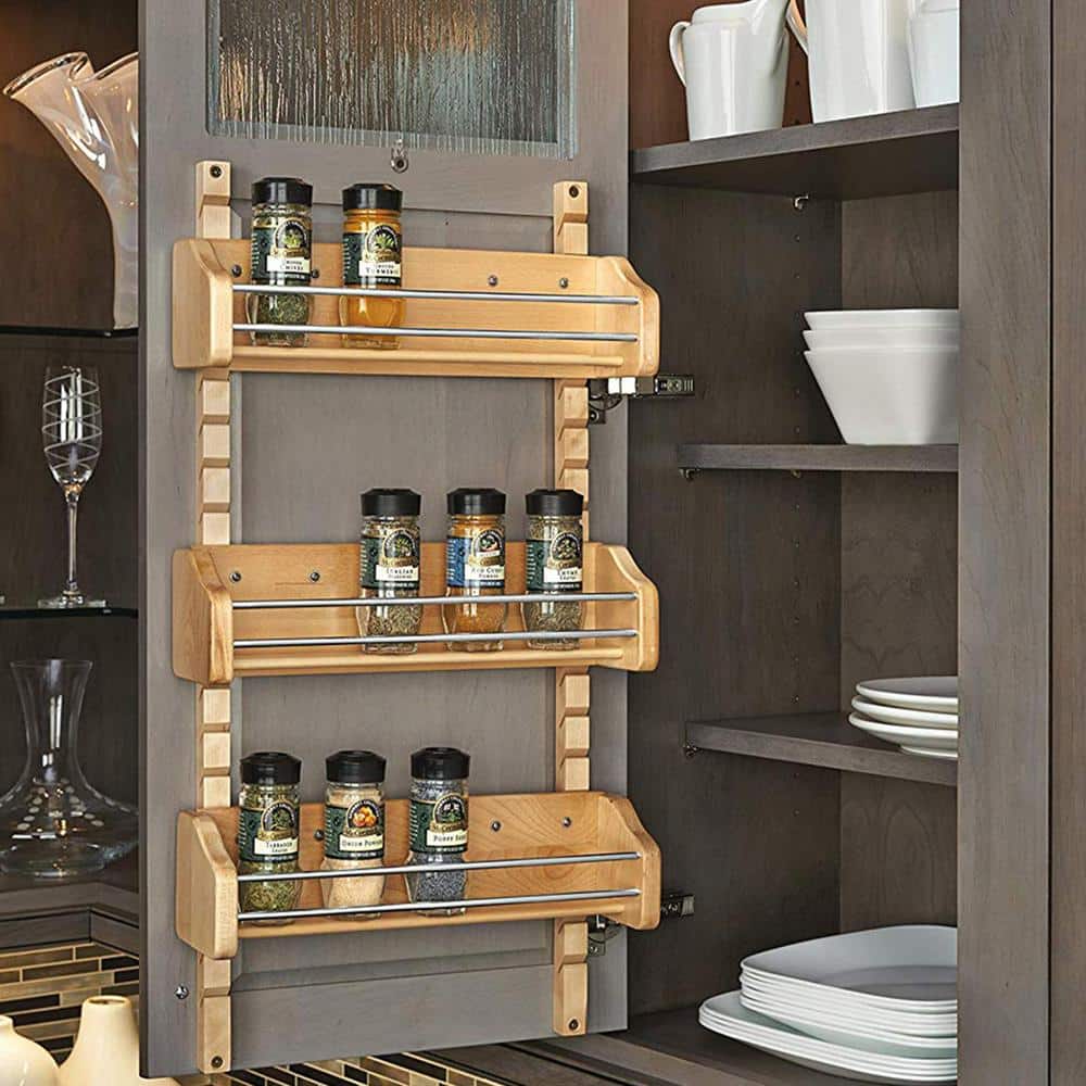 Maple Wood Adjustable 3-Shelf Door Mounted Spice Rack