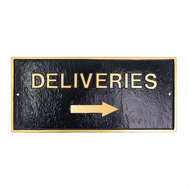 Montague Metal Products 10" x 21" Deliveries with Right Arrow Large Rectangle Wall Statement Plaque - Black/Gold