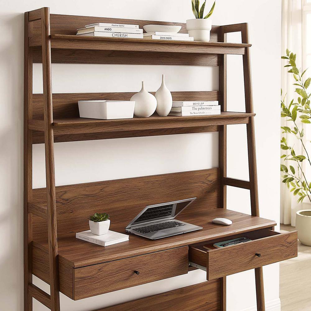 Bixby Walnut Wood Office Desk with Bookshelf and Drawers