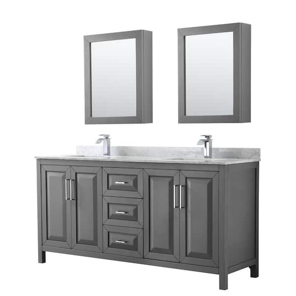 Wyndham Collection Daria 72 in. Double Bathroom Vanity in Dark Gray with Marble Vanity Top in Carrara White and Medicine Cabinets
