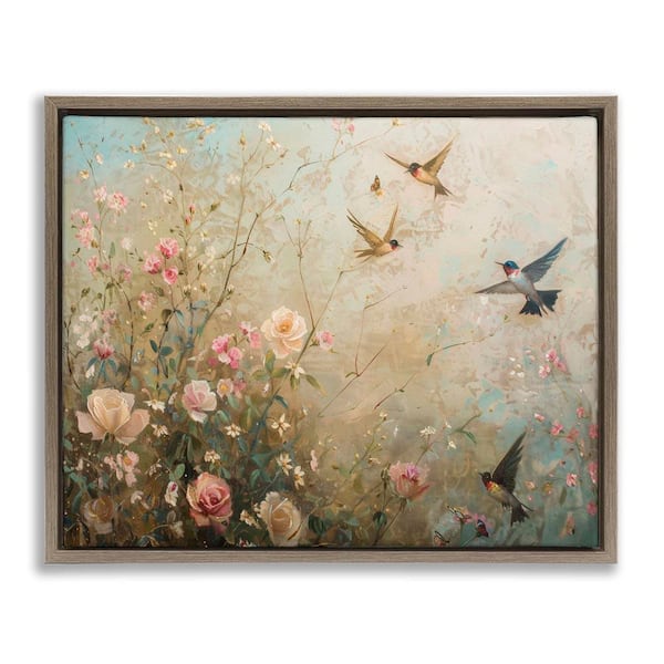 Spring Meadow Birds by Arlington Prints Brown Floater Frame Nature Graphic Art Print 17 in. x 21 in.