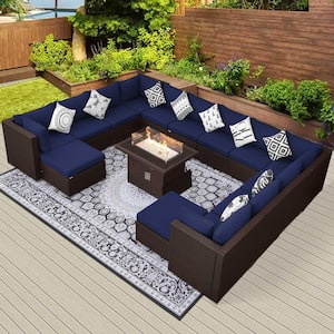 15-Piece Large Size Patio Brown PE Wicker Patio Sofa Set with Navy Blue Cushions and 55,000 BTU Fire Pit Table