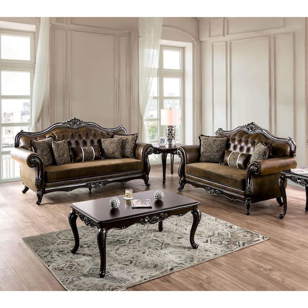 Grant 2-Piece Dark Cherry and Brown Faux Leather Living Room Set with Rolled Arm and Tufted Back