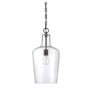 Franklin 10 in. W x 20 in. H 1-Light English Bronze Shaded Pendant Light with Clear Glass Shade