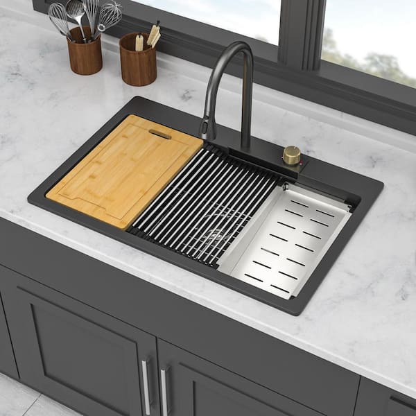 33 in. Drop-In Single Bowl Black Quartz Kitchen Sink with Pull-Out Faucet and Workstation