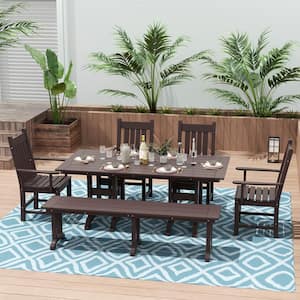 Hayes 6-Piece HDPE Plastic Outdoor Patio Rectangle Table Dining Set with Bench and Armchairs in Dark Brown