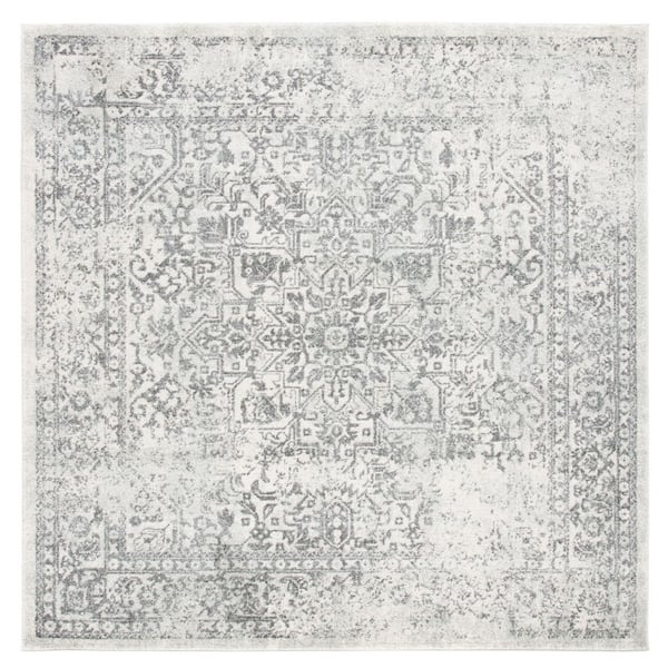 Evoke Ivory/Gray 8 ft. x 8 ft. Distressed Border Medallion Square Area Rug