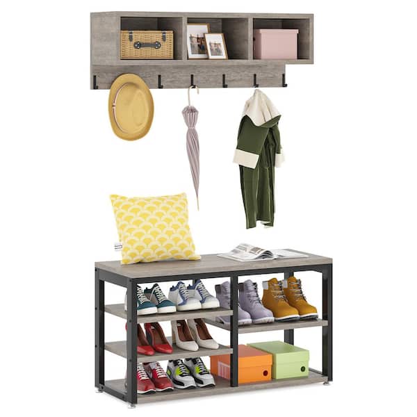 Lauren 20 in. H x 32 in. W Gray Engineered Wood Shoe Storage Bench Shoe Rack Set with 3-Storage Cubbies, 7-Hooks