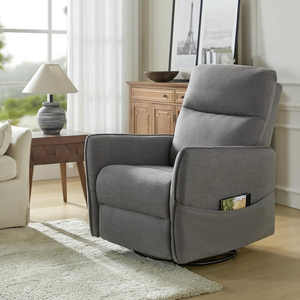 JAYDEN CREATION Clement Ivory Linen-Like Fabric Swivel Recliner with 2-Side Pockets