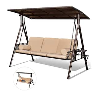 3-Person Outdoor Patio Porch Swing, Swing Chair With Adjustable Backrest and Rotatable Hardtop Canopy Beige