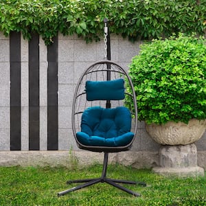 Outdoor Wicker Porch Swings With Blue Cushions Swing Chair Hammock Hanging Chair with Aluminum Frame Without Stand