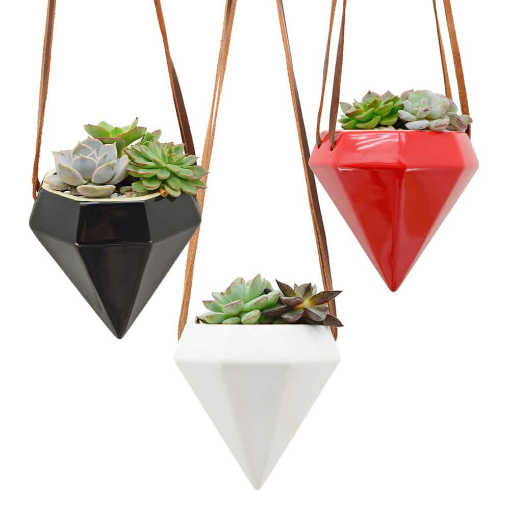 Gloss White Diamond Ceramic Hanging Planter with Leather Rope