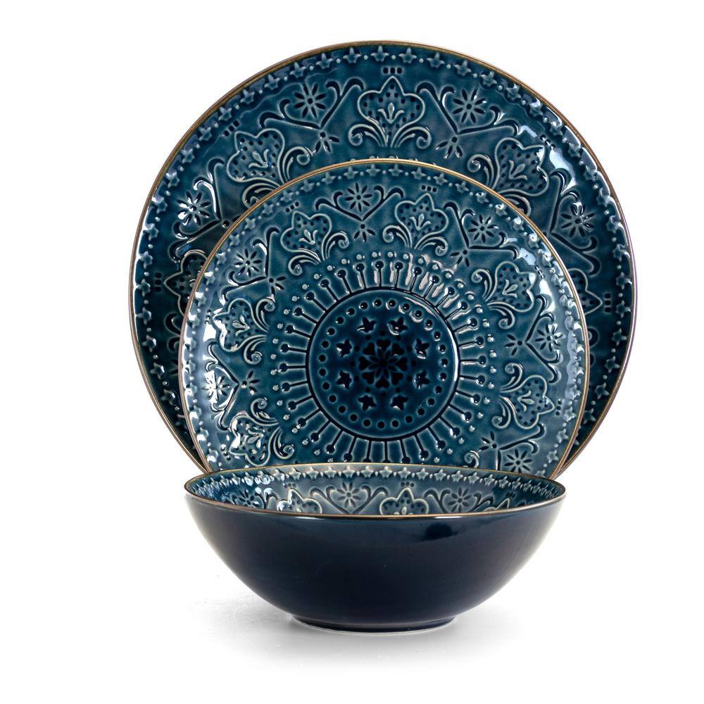 Deep Blue Ceramic Coastal Dinnerware Set, Service for 4