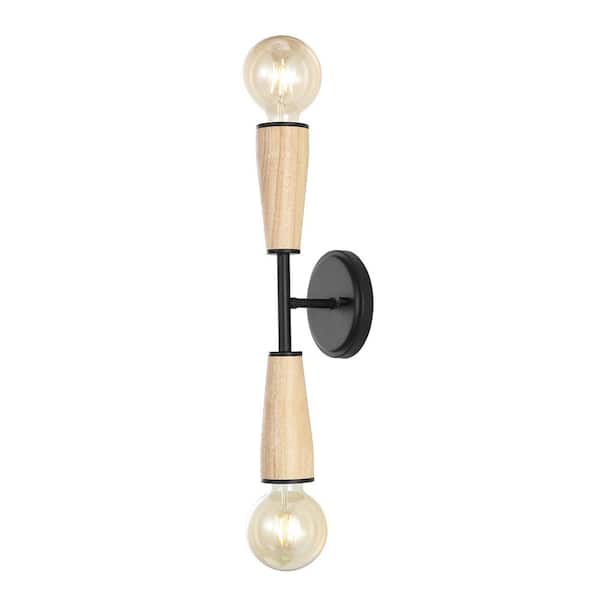 Katia 5.13 in. 2-Light Modern Designer Iron/Wood Double Sided Hourglass LED Wall Sconce, Light Brown/Black