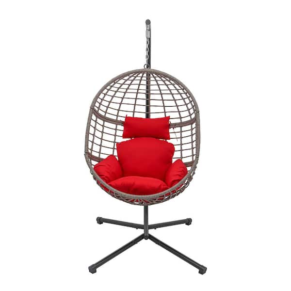 Maypex 78 in. Wicker Outdoor Basket Swing Chair with Grey and Red Cushion and Stand