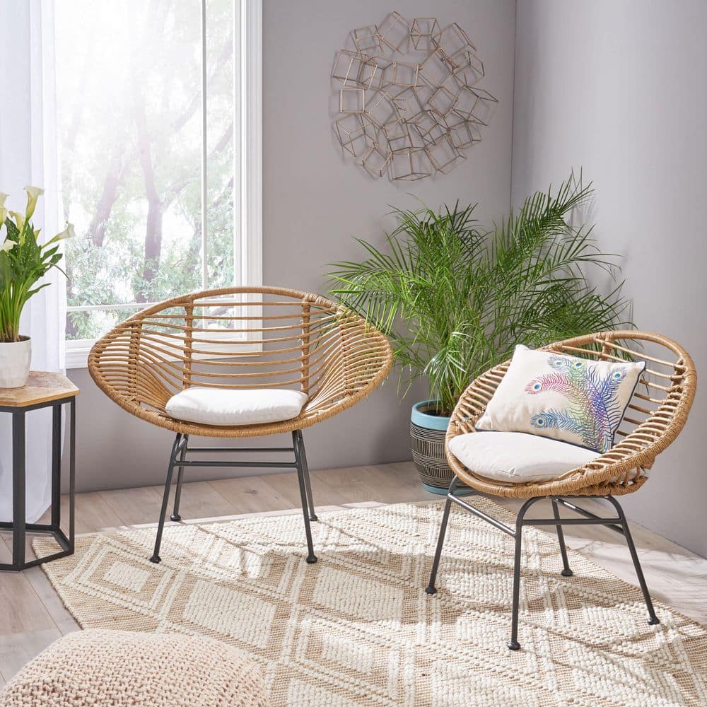 Brown Metal Outdoor Woven Chair Lounge Chair with Beige Cushion (Set of 2)