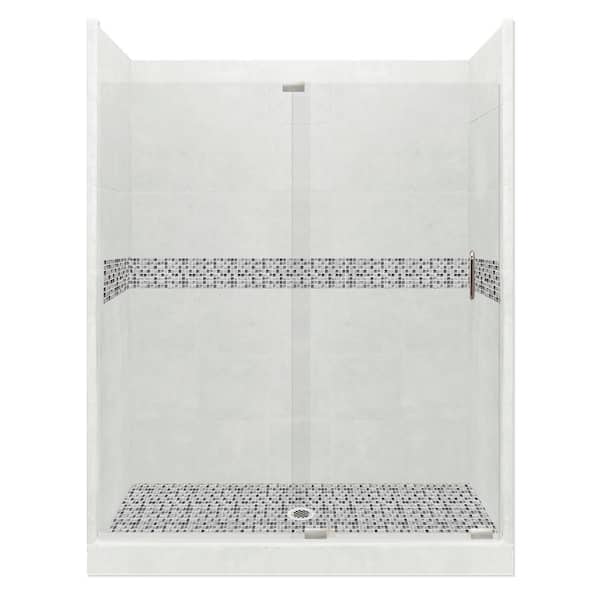 American Bath Factory Del Mar Grand Slider 36 in. x 60 in. x 80 in. Center Drain Alcove Shower Kit in Natural Buff and Satin Nickel Hardware