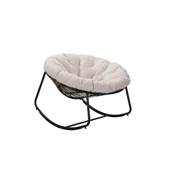 Cesicia Gray 450 lbs. Capacity Metal Dark Frame Outdoor Rocking Chair with Beige Cushion