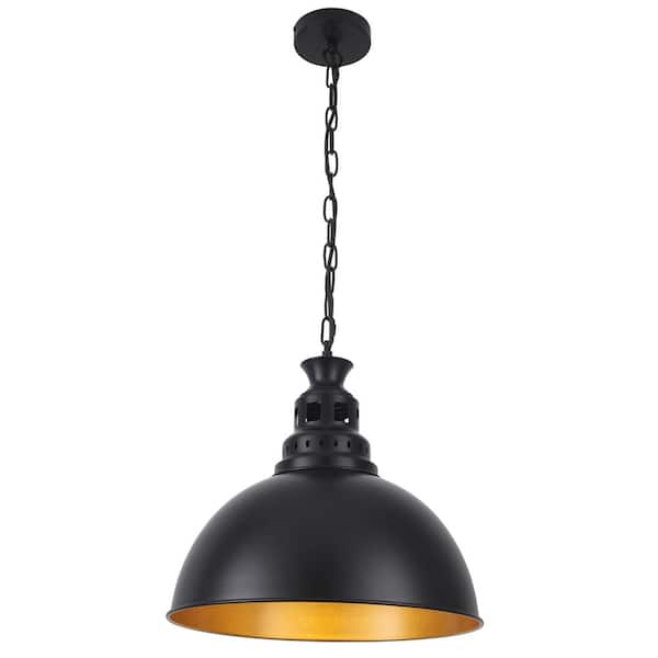 1-Light Black Dome Pendant Light Hanging Chandelier Lighting with Metal Cover for Kitchen Island