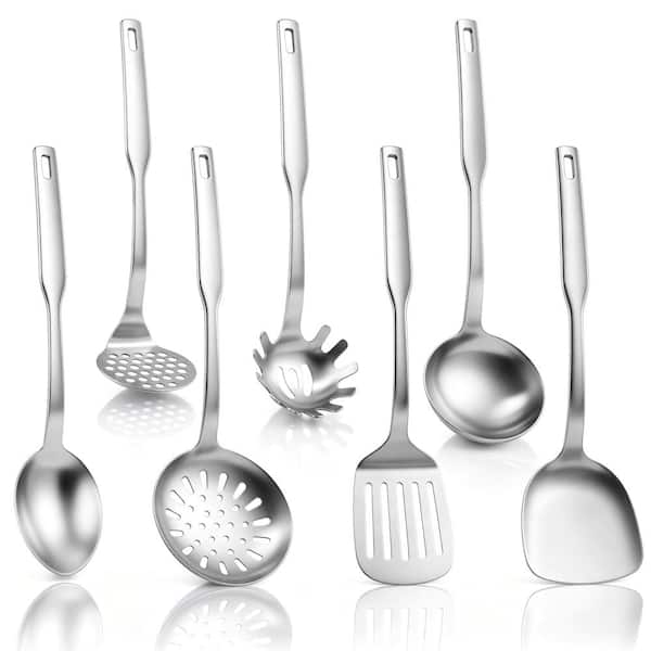 7-Piece Stainless Steel Cooking Utensils Set, Kitchen Tools Including Turner, Ladle, Skimmer, Pasta Spoon