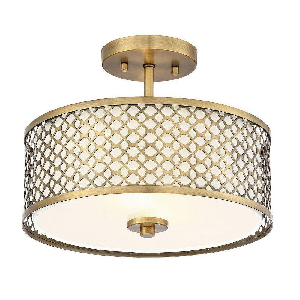 Meridian Elegance 2-Light Natural Brass Ceiling Light with Cream Fabric Shade