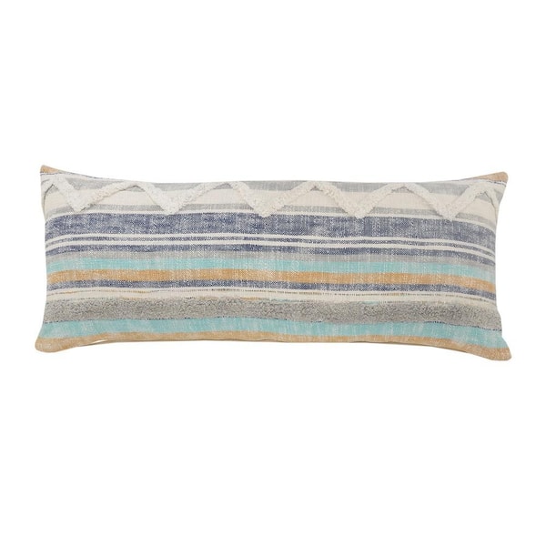 LR Home Davina Rustic Coastal Blue Multicolored Chevron Striped Tufted Soft Poly-Fill 14 in. x 36 in. Throw Pillow