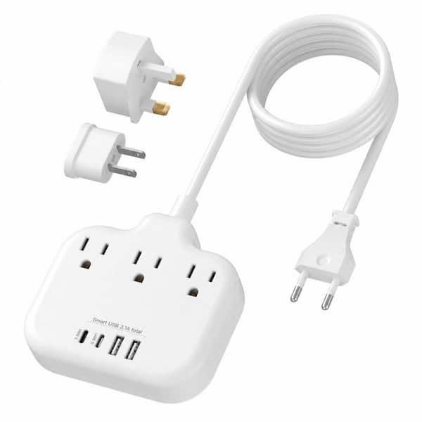 European Travel Plug Adapter with 3 Outlets and 4 USB, Travel Power Strip with 5 ft. European Power Cord for EU/UK/US
