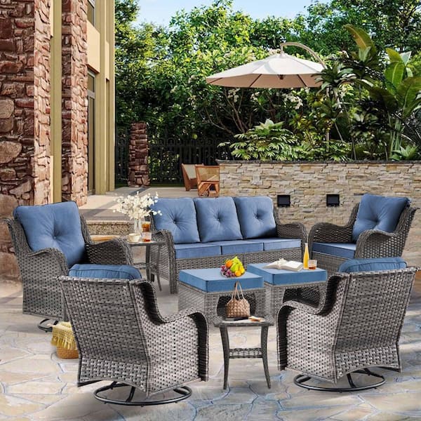 kuurfuurdo Gray 9-Piece Wicker Outdoor Patio Conversation Set Swivel Rocking Chairs with Denim Blue Cushions and Ottomans