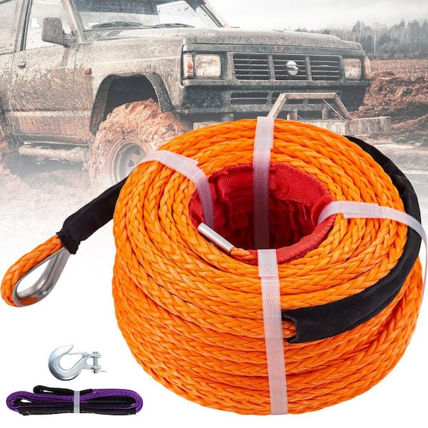 Orange Synthetic Winch Rope 100 ft. x 3/8 in. Winch Line Cable with G70  Hook 18,740 lbs. 12 Strand w/ Protective Sleeve