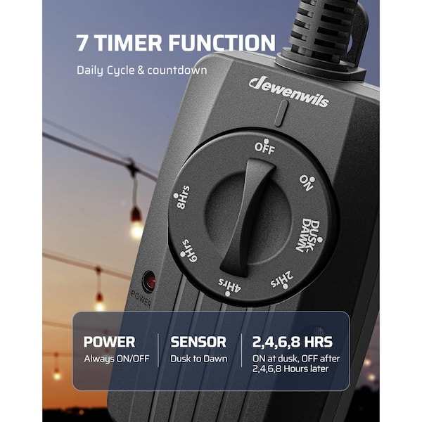 Outdoor Light Countdown Timer, Dusk to Dawn,Waterproof, 2-Grounded Outlet for Garden Christmas String Light- Black