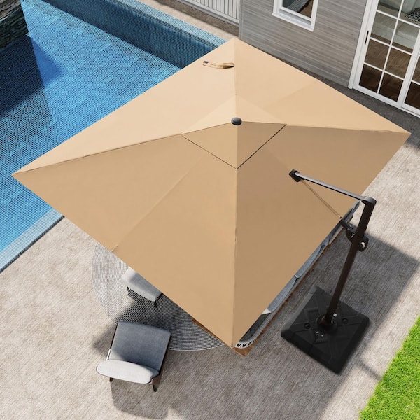 Pellebant 11 ft. x 9 ft. Rectangular Aluminum 360° Rotation Cantilever Patio Umbrella in Tan with 220 lbs. Umbrella Base