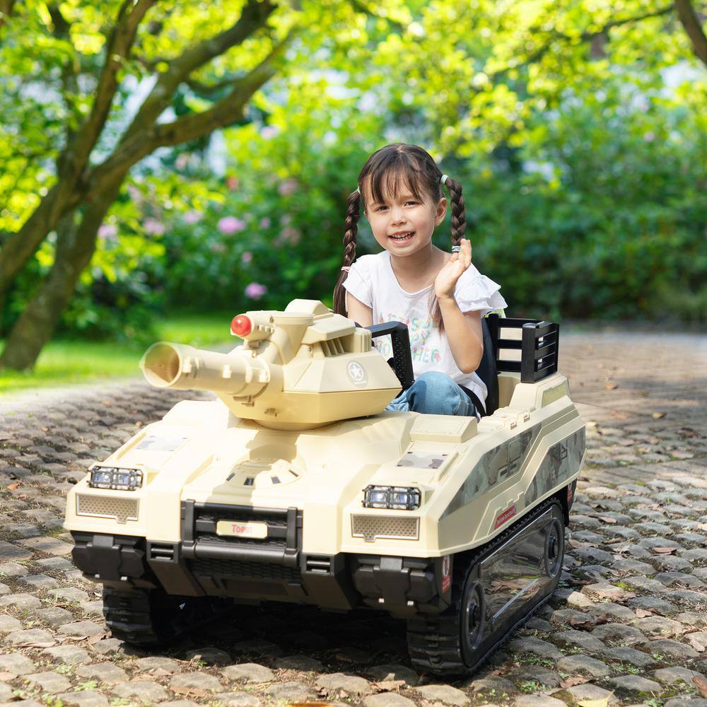 24V Yellow Battery-Powered Ride-On Tank with Remote Control