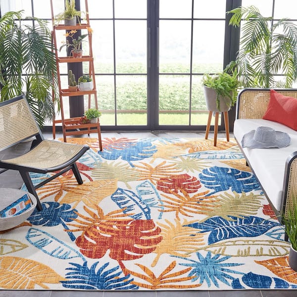 Cabana Cream/Red 9 ft. x 12 ft. Geometric Leaf Indoor/Outdoor Patio  Area Rug