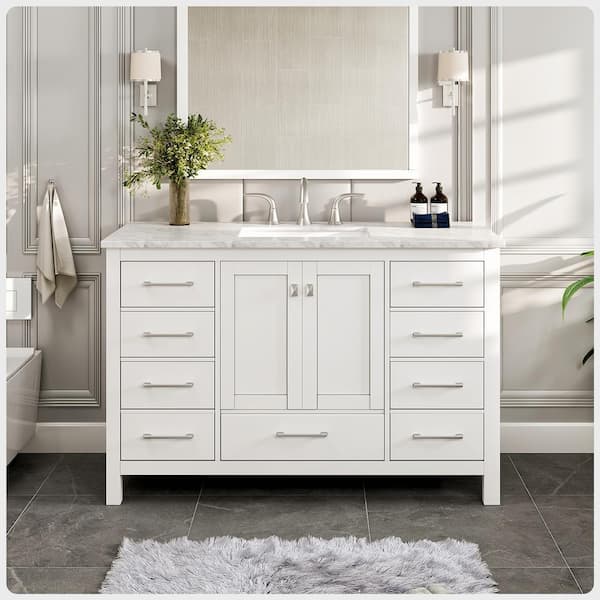 Eviva Aberdeen 48 in. W x 22 in. D x 34 in. H Bath Vanity in White with White Carrara Marble Top with White Sink