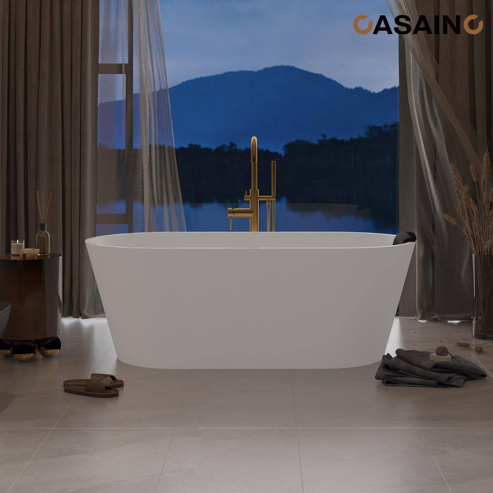 67" White Solid Surface Freestanding Soaking Tub with Black Pillow